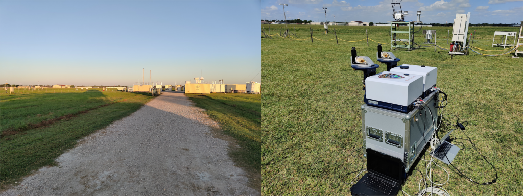 The primary ARM TRACER site was at the La Porte, TX airport. There were several shipping containers of equipment deployed at this site when we arrived. Just out of frame in the leftmost image is a large high resolution radar for this project. In the rightmost instrument, the GeoCarb EM27/Sun is running alongside a borrowed EM27/Sun for validation.