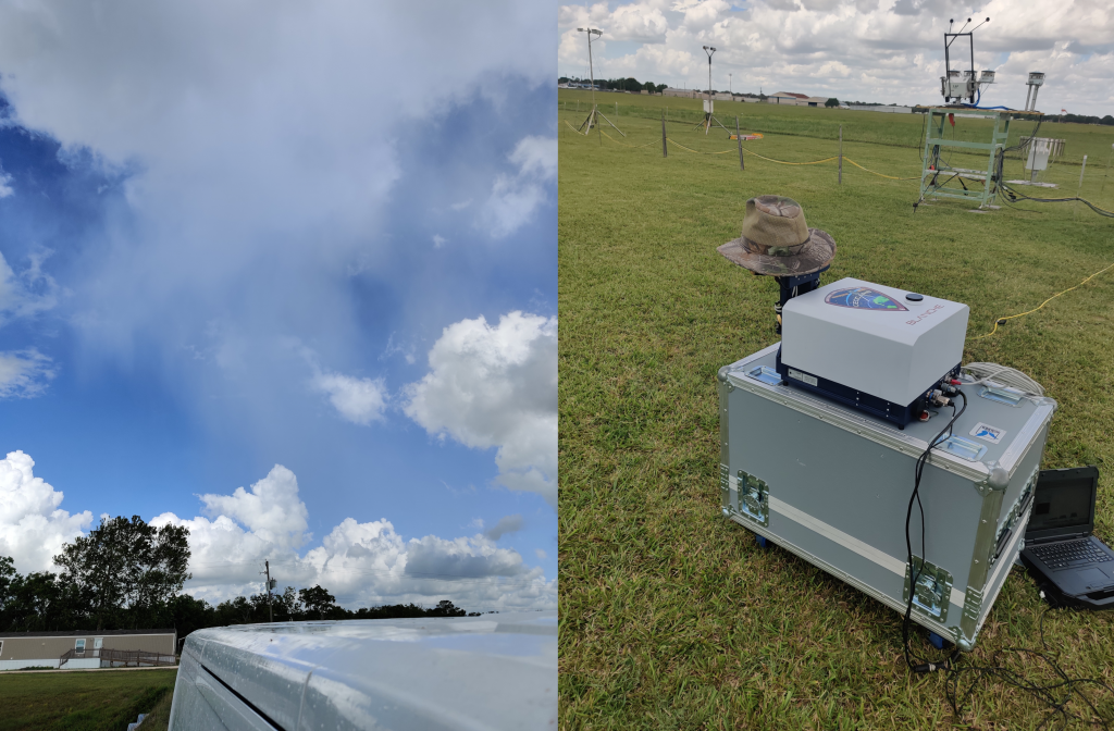 Houston is prone to pop-up showers. The image on the left shows how small one of these pop-up showers are near the coast with blue sky behind it. We had to be ready to protect the sensitive optics of Blanche when these showers arrived. The image on the right shows my field hat an top of the EM27/Sun optics to protect it from a few sprinkles.