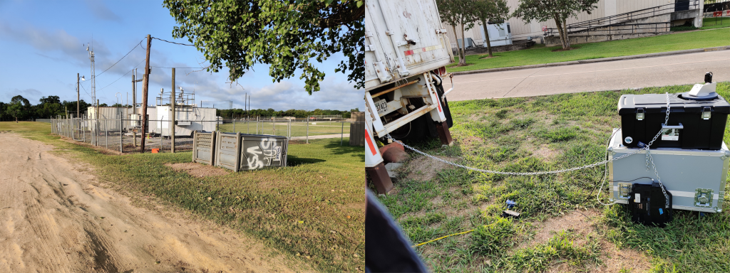 Some of the field sites for the TRACER campaign were in rough areas. One such location is shown in the leftmost image. Located in a bad neighborhood, the OU CLAMPS trailer is parked in a locked, barbed wire enclosure near graffiti tagged portapotties, kindly tipped by the locals. At certain sites, such as the University of Houston, we did not have the luxury of barbed wire. Instead, we locked the instrument to permanent equipment with chains.
