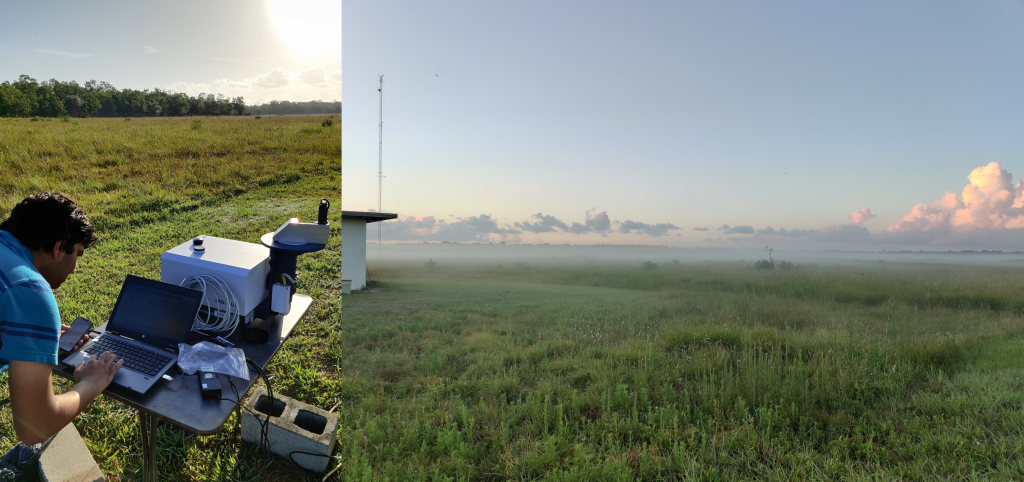 At our "coastal" site for the TRACER campaign, the early mornings were especially foggy but beautiful. In the leftmost image my colleague, Vishnu Kadiyala, performs the setup of the EM27/Sun to collect data at the site.