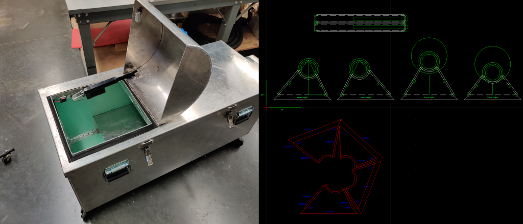 The updated aluminum enclosure on the left of this image is coated in R-5 insulation panels, but the design leaves a large gap when the lid is open making insulation useless. On the right is a screenshot of my original 2D CAD design for a collar to seal this portion of the enclosure.