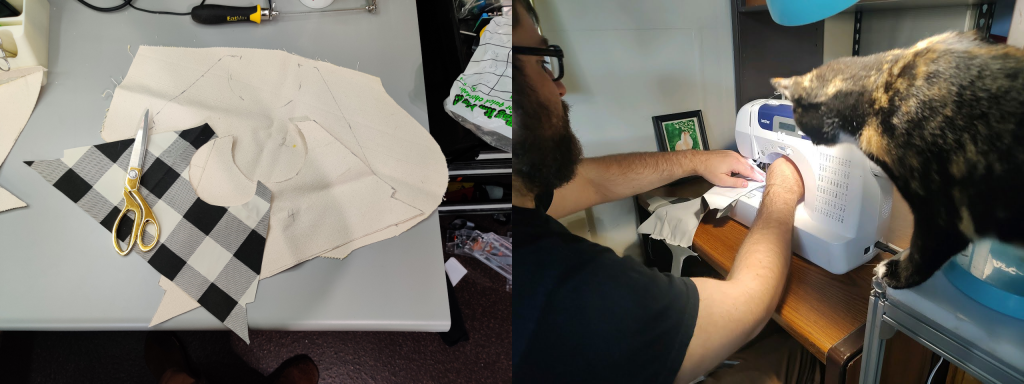 Using the 2D CAD drawings for the collar, I cut fabric portions and sewed them into a complete collar. In the left photo, fabric in various stages of cutting preparation are shown including the waterproof gingham plaid and fire resistant canvas. On the right, I am in the process of sewing the collar together under the watchful gaze of a feline supervisor.