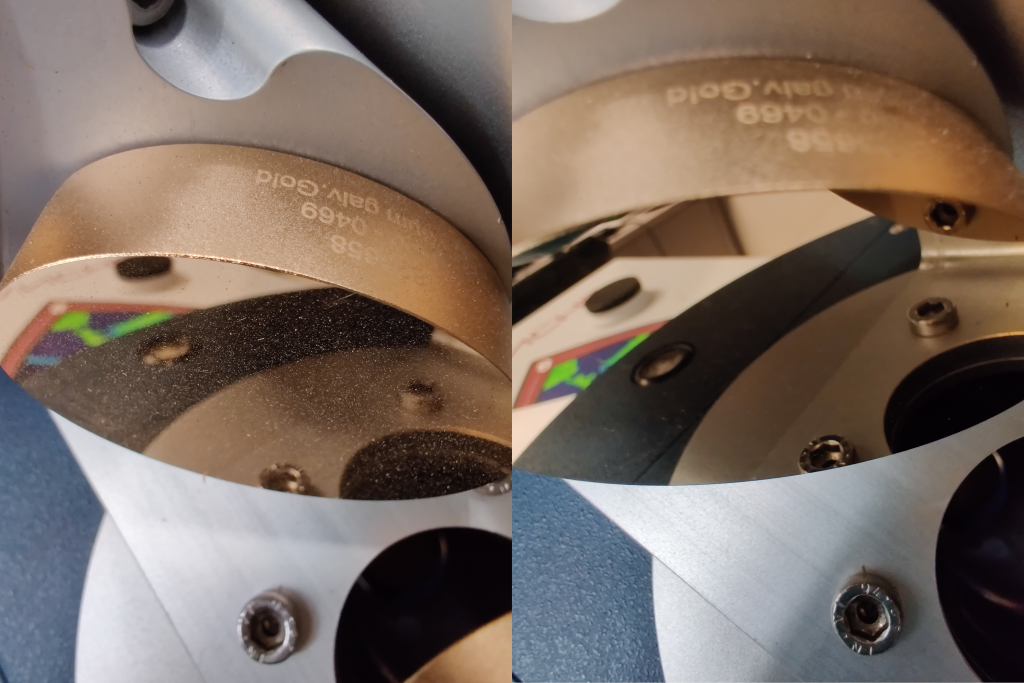 In this image, the rotating gold mirror of the EM27/Sun is shown before and after cleaning. The image on the left is significantly dirtier than the right image which is nearly perfect.